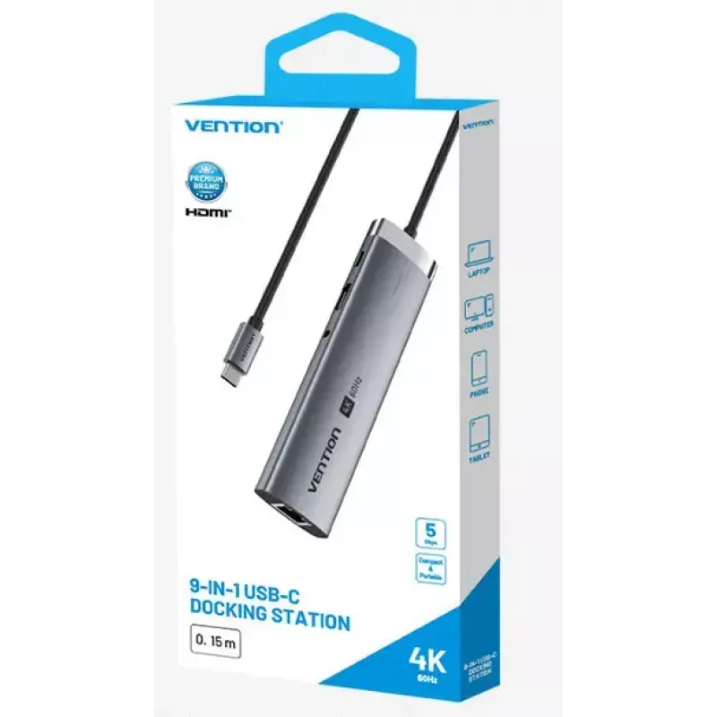 Dokingo stotis Vention 9-in-1 USB-C TGVHB — RJ-45, HDMI 4K@60Hz, USB 3.2 Gen1, SD/MicroSD, 1x USB-C