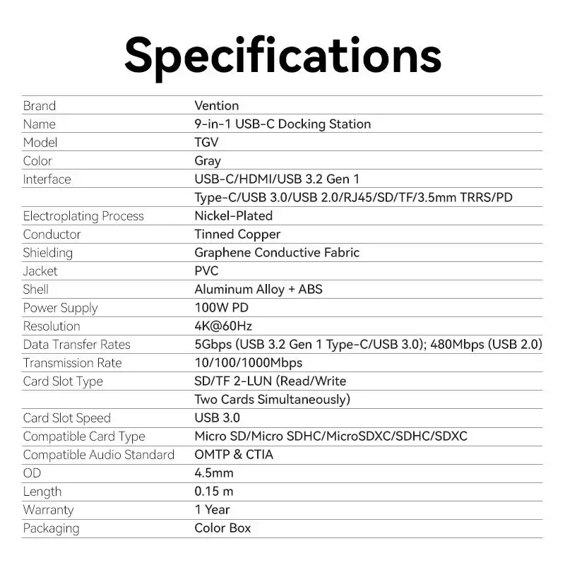 Dokingo stotis Vention 9-in-1 USB-C TGVHB — RJ-45, HDMI 4K@60Hz, USB 3.2 Gen1, SD/MicroSD, 1x USB-C