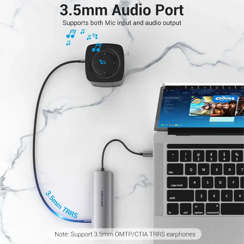 Dokas Vention Daugiafunkcinis USB-C į HDMI USB3.0x3 RJ45 SD TF TRRS 3.5mm PD 0.15M Pilkas Aliuminio lydinys