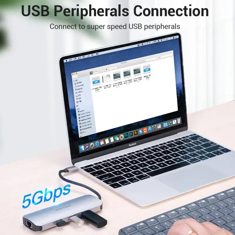 Dokas Vention Daugiafunkcinis USB-C į HDMI USB3.0x3 RJ45 SD TF TRRS 3.5mm PD 0.15M Pilkas Aliuminio lydinys