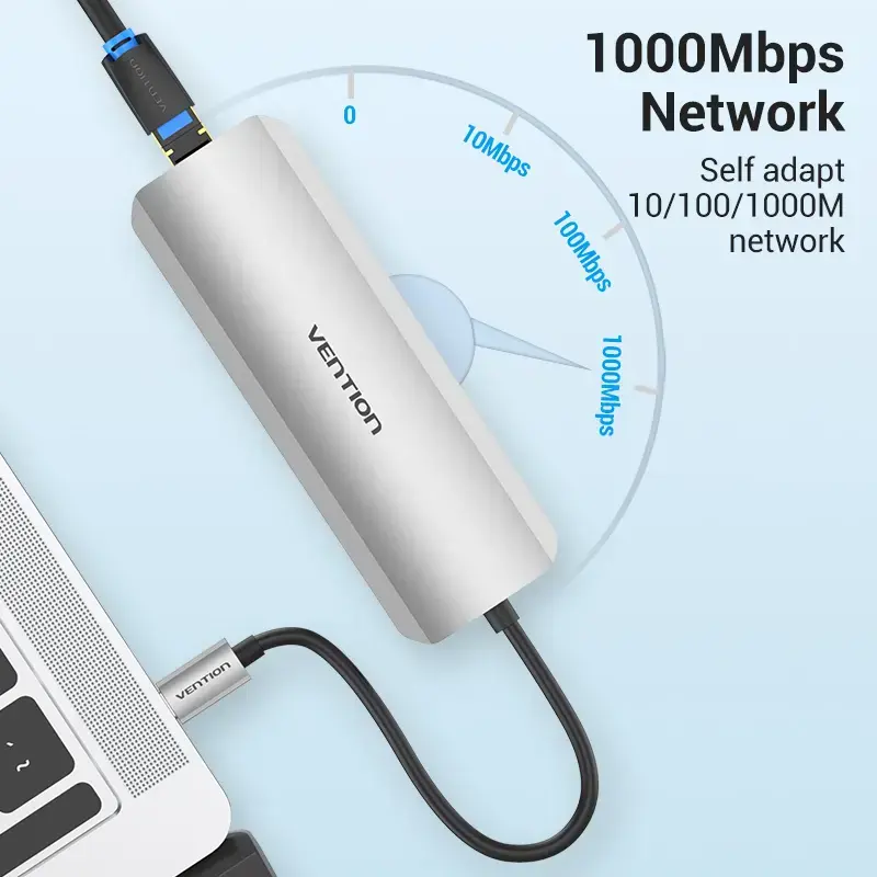 Dokas Vention Daugiafunkcinis USB-C į HDMI USB3.0x3 RJ45 SD TF TRRS 3.5mm PD 0.15M Pilkas Aliuminio lydinys