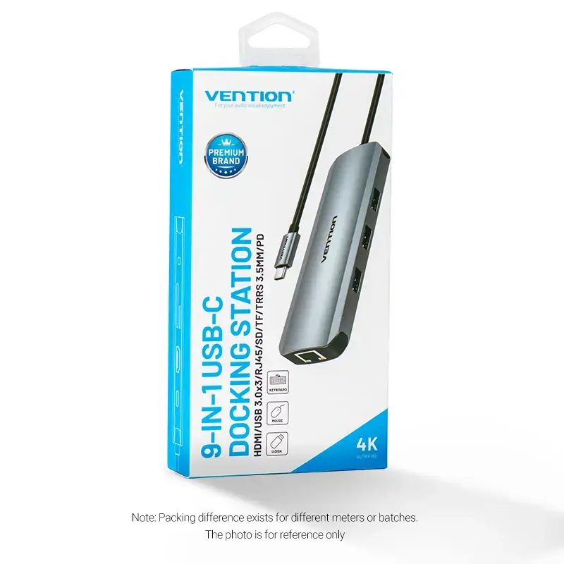 Dokas Vention Daugiafunkcinis USB-C į HDMI USB3.0x3 RJ45 SD TF TRRS 3.5mm PD 0.15M Pilkas Aliuminio lydinys