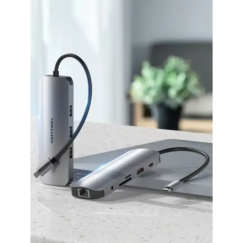 Dokas Vention Daugiafunkcinis USB-C į HDMI USB3.0x3 RJ45 SD TF TRRS 3.5mm PD 0.15M Pilkas Aliuminio lydinys