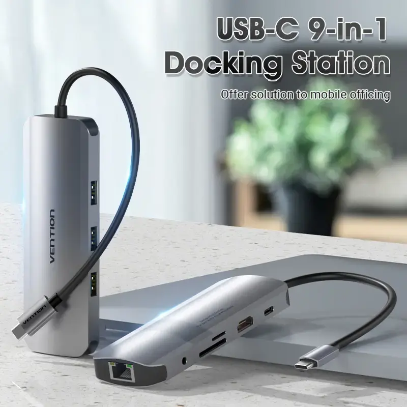 Dokas Vention Daugiafunkcinis USB-C į HDMI USB3.0x3 RJ45 SD TF TRRS 3.5mm PD 0.15M Pilkas Aliuminio lydinys