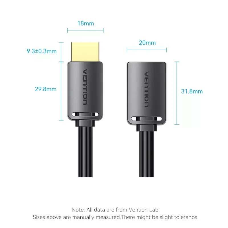 HDMI kabelis Vention HDMI-A kištukas į HDMI-A lizdą 2 m, HDMI 2.0 18 Gbit/s, 4K, auksuoti kontaktai, juodas
