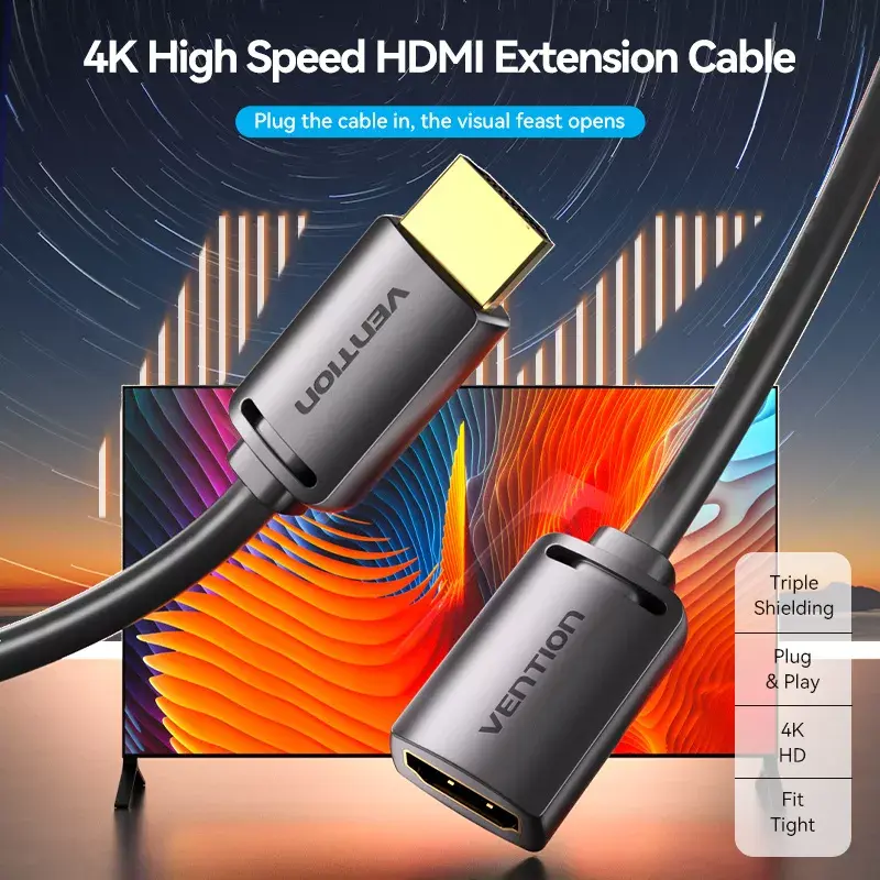 HDMI kabelis Vention HDMI-A kištukas į HDMI-A lizdą 2 m, HDMI 2.0 18 Gbit/s, 4K, auksuoti kontaktai, juodas