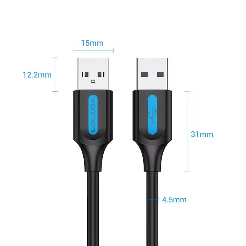 USB 2.0 A–A kabelis Vention 2 m, juodas PVC, USB A į USB A, 0,48 Gbit/s