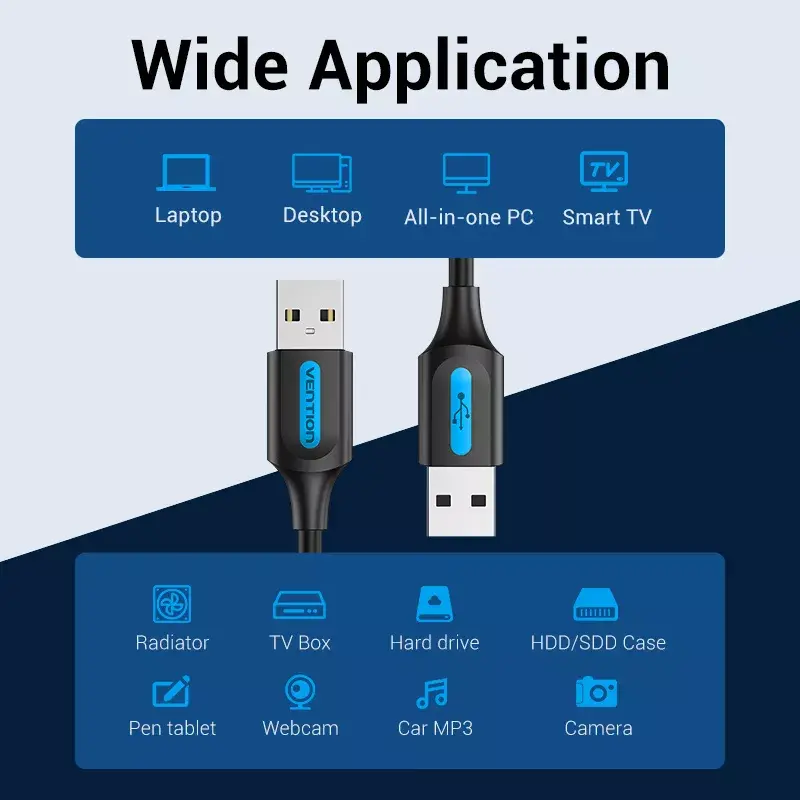 USB 2.0 A–A kabelis Vention 2 m, juodas PVC, USB A į USB A, 0,48 Gbit/s