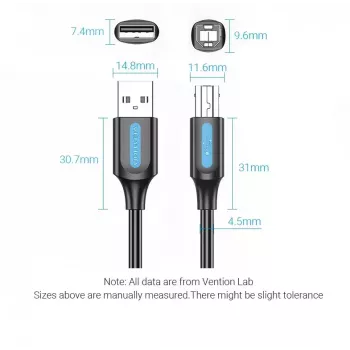 USB 2.0 A laidas (kištukas) į B (kištukas) 3 m — Vention — juodas PVC, 480 Mbps, 2 A