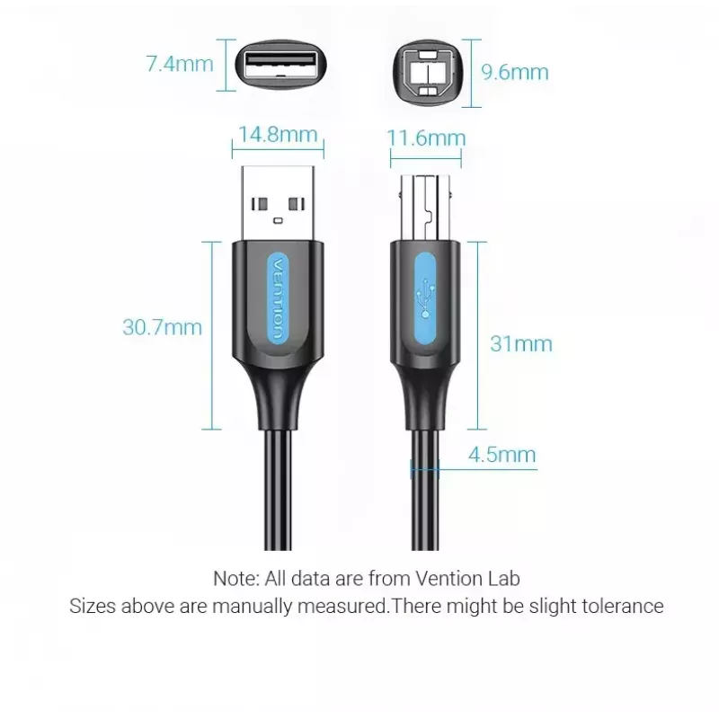 USB 2.0 A laidas (kištukas) į B (kištukas) 3 m — Vention — juodas PVC, 480 Mbps, 2 A