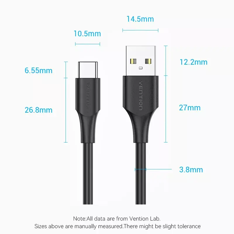 USB 2.0 A į C laidas Vention 3 m, 0,48 Gbit/s, USB A į USB C, 3A, juodas