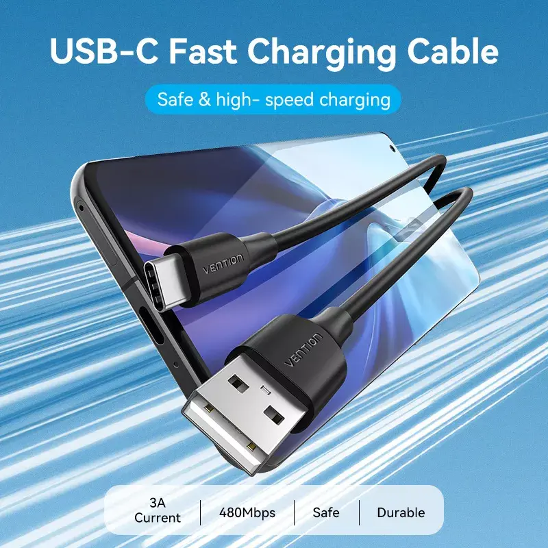 USB 2.0 A į C laidas Vention 3 m, 0,48 Gbit/s, USB A į USB C, 3A, juodas