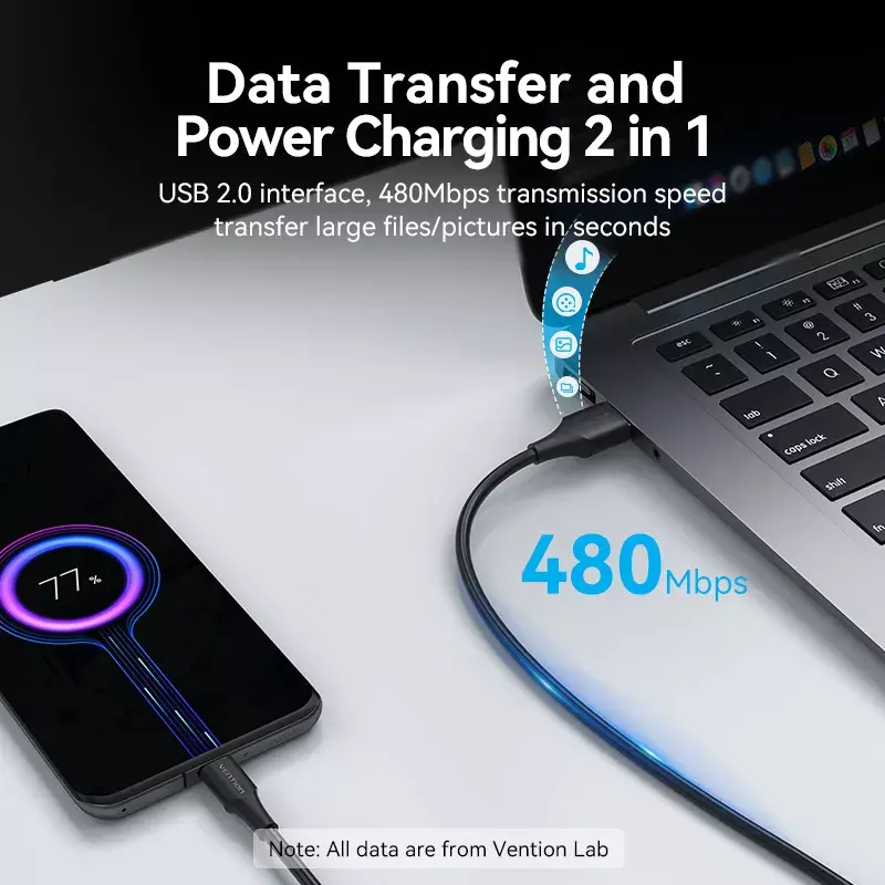 USB 2.0 A į C laidas Vention 3 m, 0,48 Gbit/s, USB A į USB C, 3A, juodas