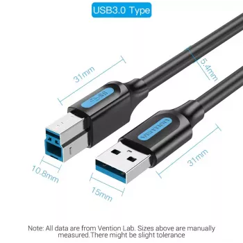 Vention USB 3.0 A į B laidas 3 m — USB 3.2 Gen 1 (5 Gbit/s), juodas, nikeliuotos jungtys