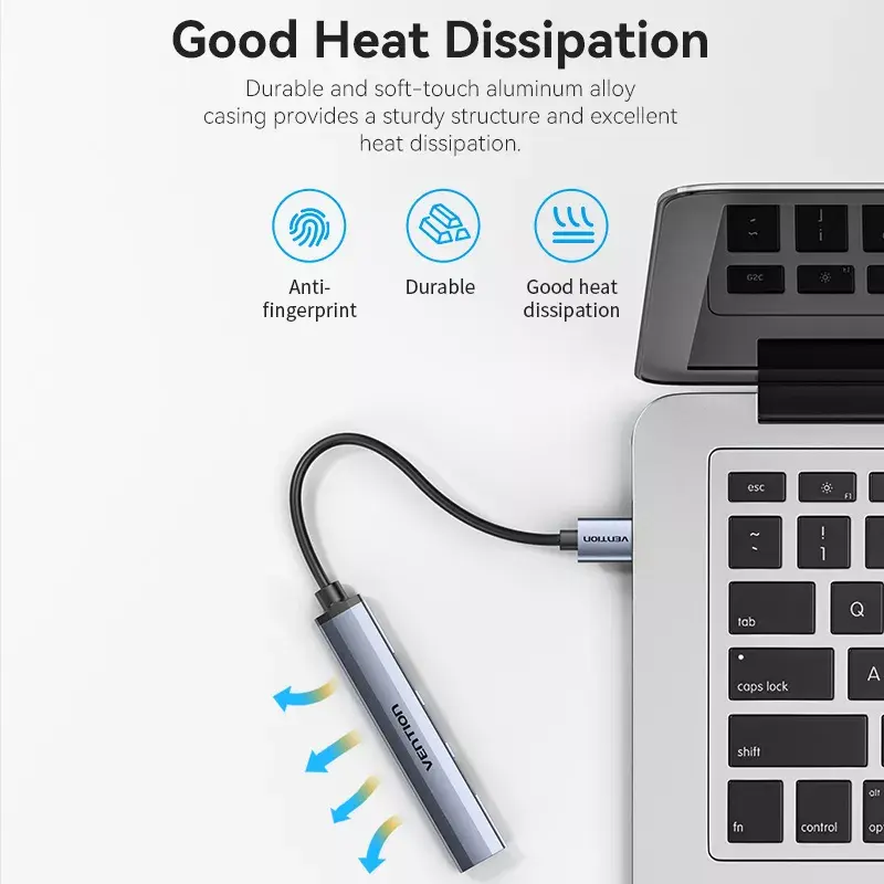 USB šakotuvas Vention CKOHB — 4 prievadų USB 3.2 Gen 1/USB 2.0 šakotuvas, 0,15 m laidas, pilkas aliuminis