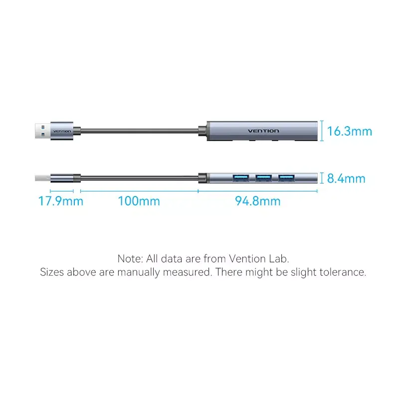 USB šakotuvas Vention CKOHB — 4 prievadų USB 3.2 Gen 1/USB 2.0 šakotuvas, 0,15 m laidas, pilkas aliuminis