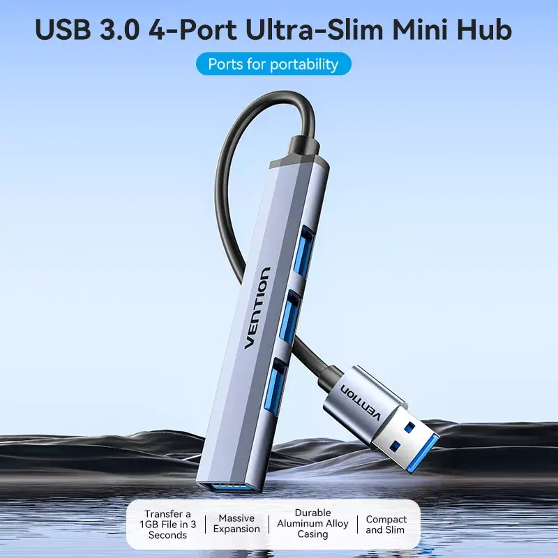 USB šakotuvas Vention CKOHB — 4 prievadų USB 3.2 Gen 1/USB 2.0 šakotuvas, 0,15 m laidas, pilkas aliuminis