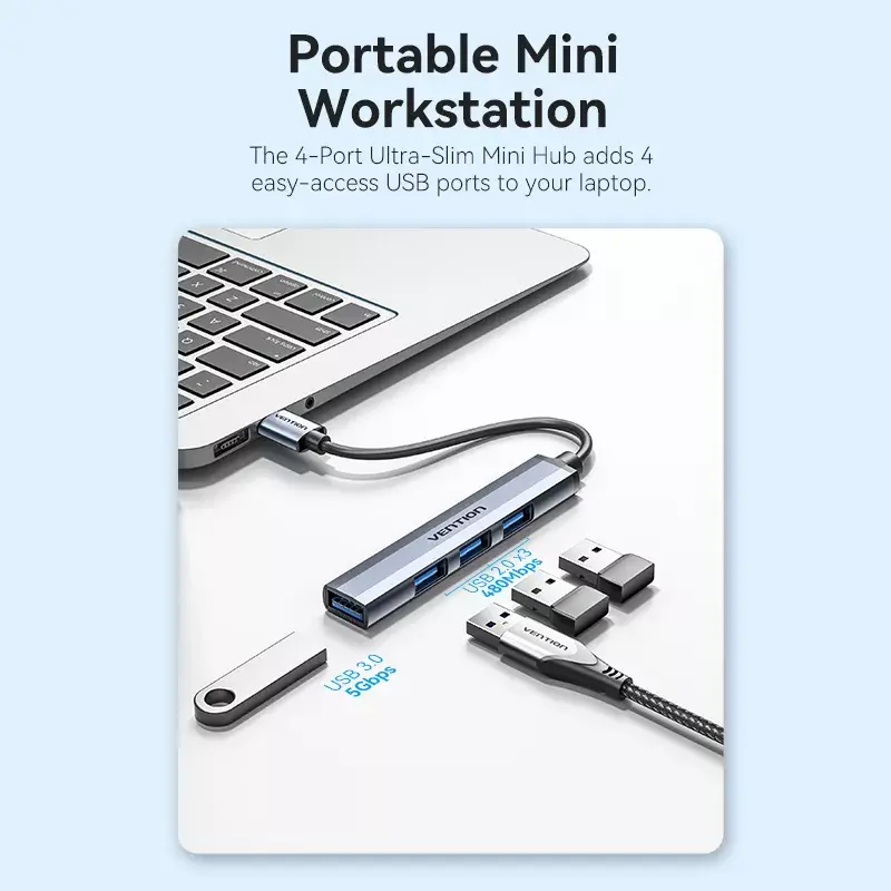 USB šakotuvas Vention CKOHB — 4 prievadų USB 3.2 Gen 1/USB 2.0 šakotuvas, 0,15 m laidas, pilkas aliuminis