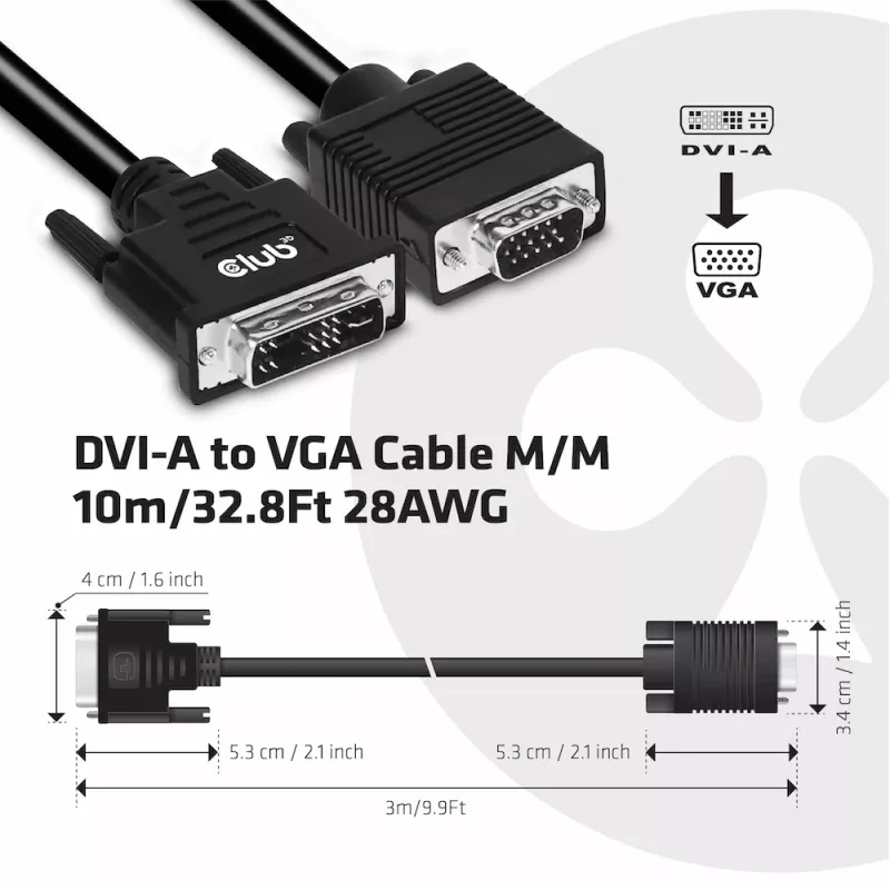 DVI-A į VGA laidas V/V CLUB3D CAC-1243 3m 28 AWG juodas