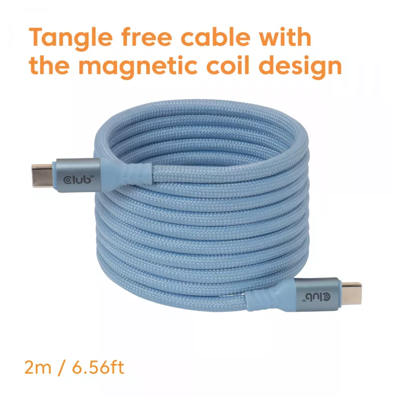 CLUB3D USB-C® magnetinis-spiralinis 240W PD3.1 mėlynas kabelis 2m / 6.56ft Greitas įkrovimas