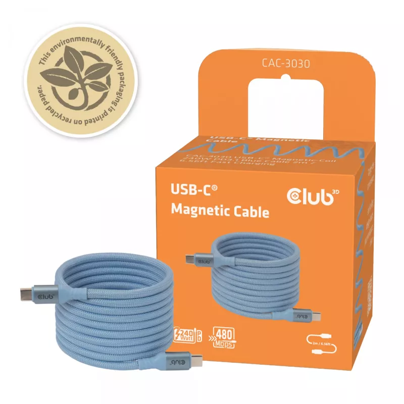 CLUB3D USB-C® magnetinis-spiralinis 240W PD3.1 mėlynas kabelis 2m / 6.56ft Greitas įkrovimas