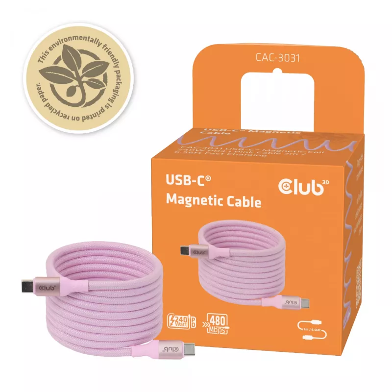CLUB3D USB-C magnetinės ritės 240 W rožinis laidas 2 m USB 2.0