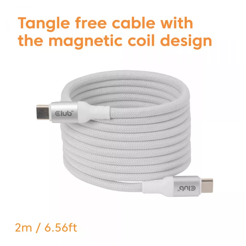 USB-C magnetinės spiralės laidas Club 3D CAC-3032 — baltas, magnetinės spiralės dizainas, skirtas įkrovimui ir duomenų perdavimui