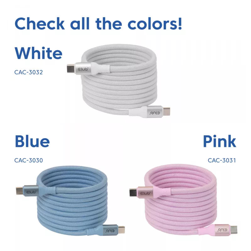 USB-C magnetinės spiralės laidas Club 3D CAC-3032 — baltas, magnetinės spiralės dizainas, skirtas įkrovimui ir duomenų perdavimui