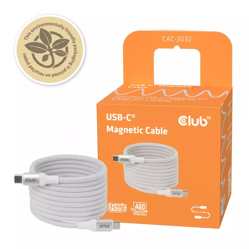 USB-C magnetinės spiralės laidas Club 3D CAC-3032 — baltas, magnetinės spiralės dizainas, skirtas įkrovimui ir duomenų perdavimui