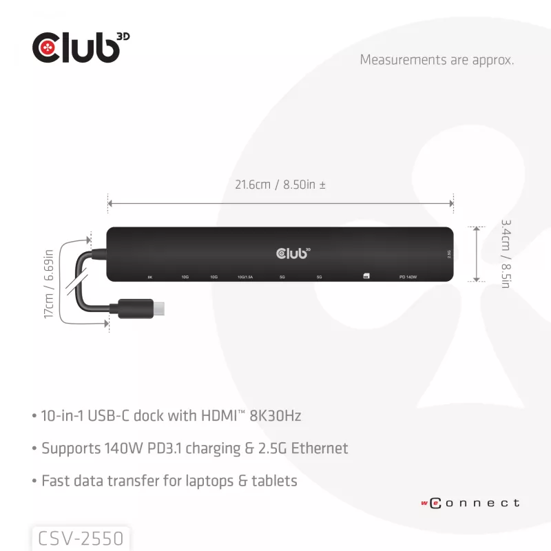 CLUB3D 10-1 nešiojamas dokas USB Type-C® 10 Gbps į HDMI™ 8K30Hz PD3.1 iki 140W