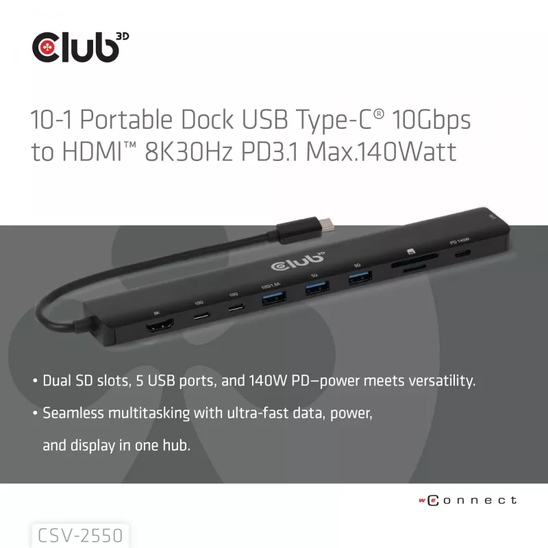 CLUB3D 10-1 nešiojamas dokas USB Type-C® 10 Gbps į HDMI™ 8K30Hz PD3.1 iki 140W