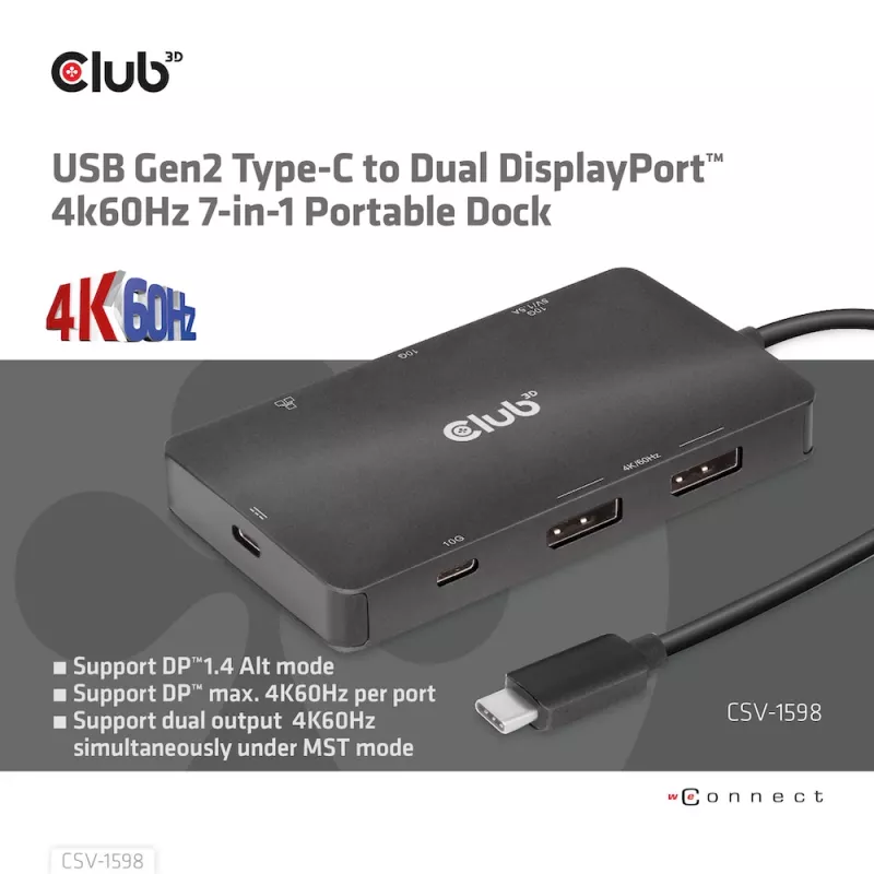 “CLUB3D” USB Gen2 Type-C į dvigubą DisplayPort 4k60Hz 7-in-1 HUB