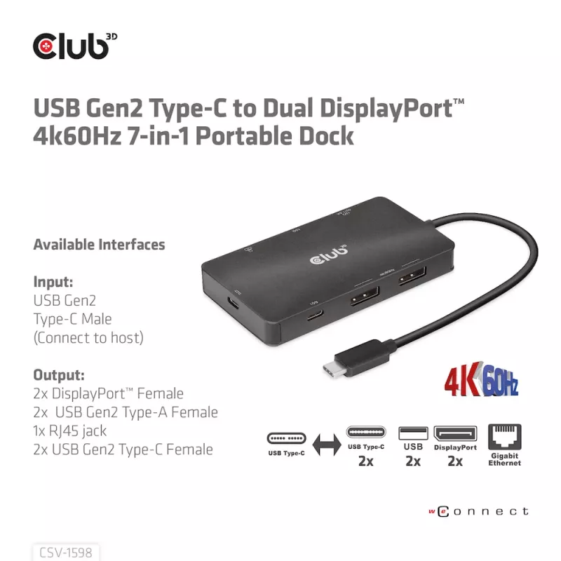 “CLUB3D” USB Gen2 Type-C į dvigubą DisplayPort 4k60Hz 7-in-1 HUB