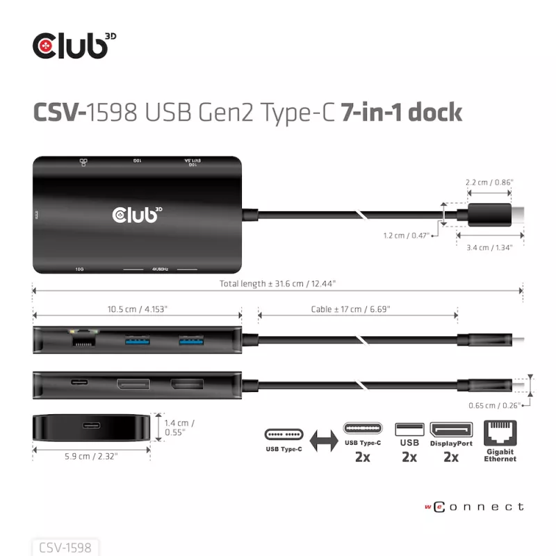 “CLUB3D” USB Gen2 Type-C į dvigubą DisplayPort 4k60Hz 7-in-1 HUB