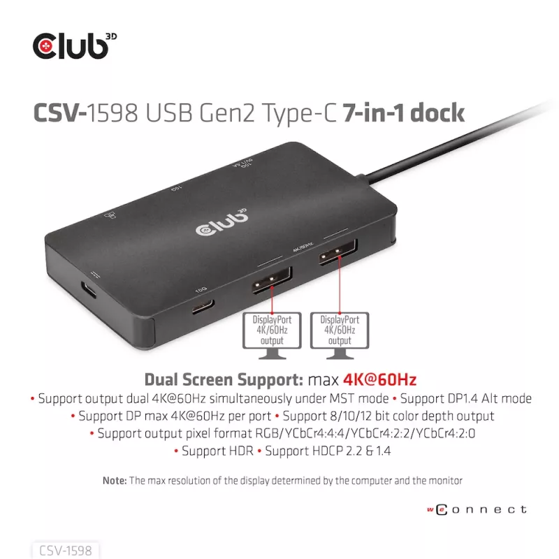 “CLUB3D” USB Gen2 Type-C į dvigubą DisplayPort 4k60Hz 7-in-1 HUB