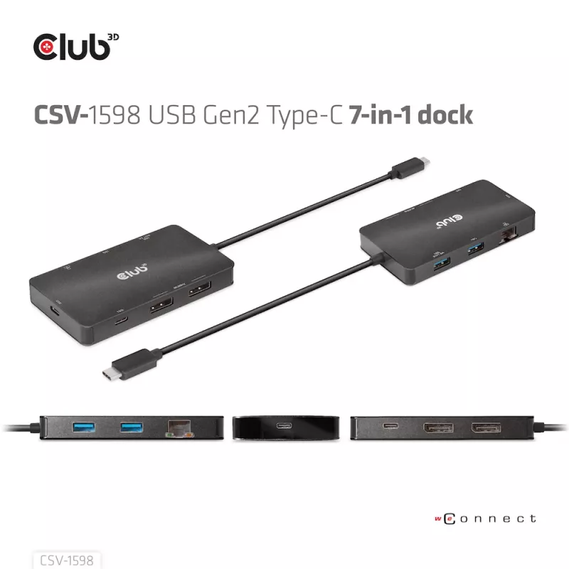 “CLUB3D” USB Gen2 Type-C į dvigubą DisplayPort 4k60Hz 7-in-1 HUB