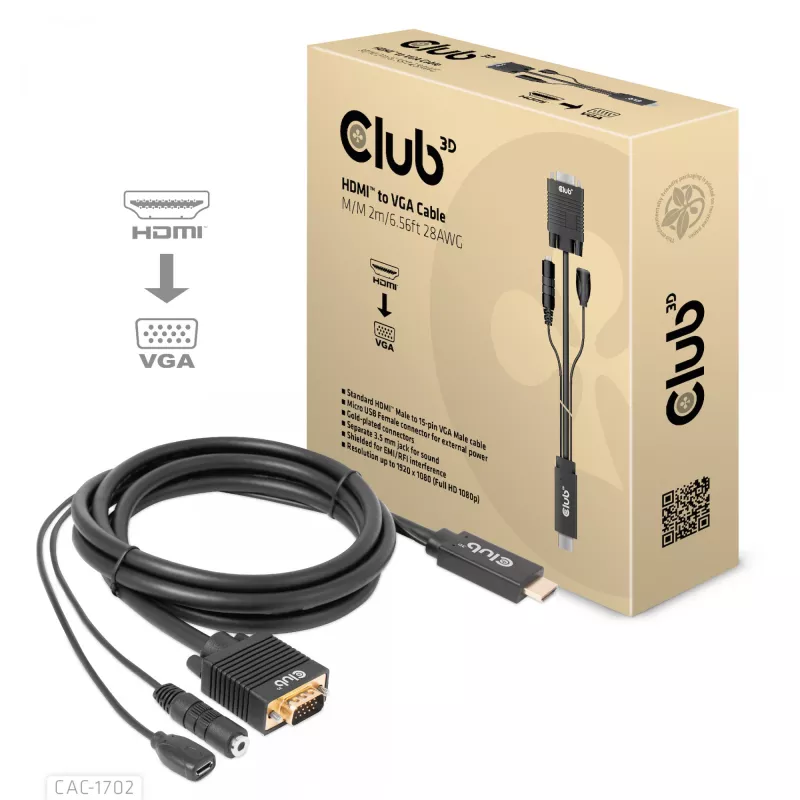 CLUB3D HDMI į VGA laidas M/M 2 m / 6,56 pėd. 28AWG