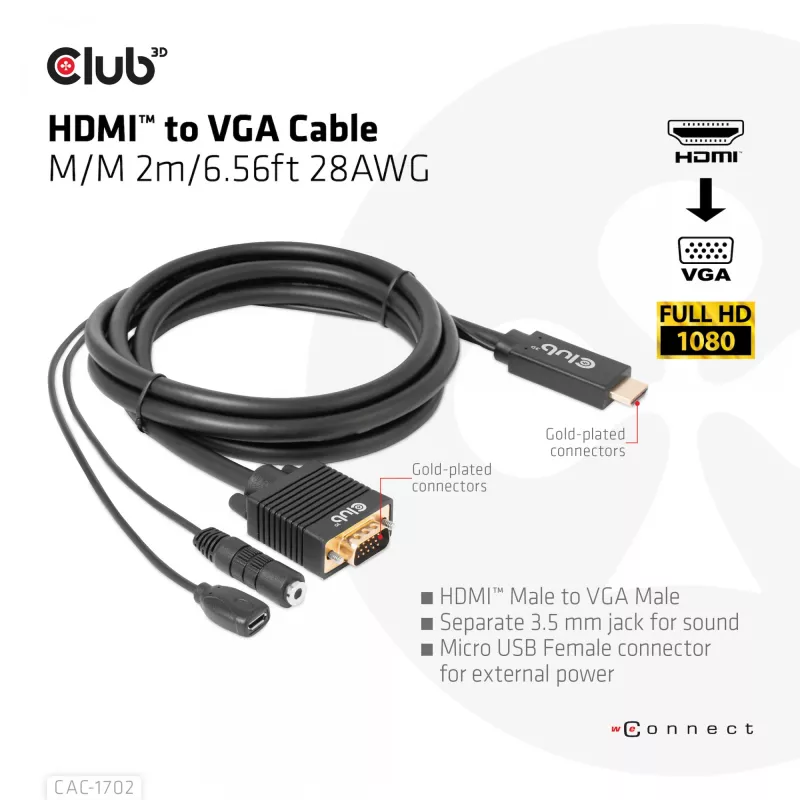 CLUB3D HDMI į VGA laidas M/M 2 m / 6,56 pėd. 28AWG