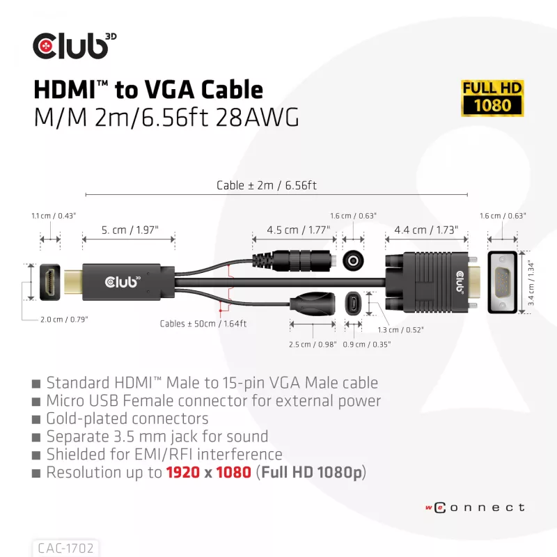 CLUB3D HDMI į VGA laidas M/M 2 m / 6,56 pėd. 28AWG