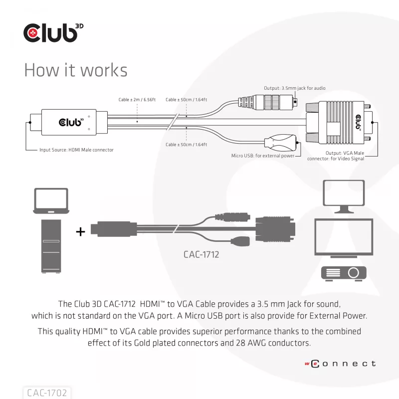 CLUB3D HDMI į VGA laidas M/M 2 m / 6,56 pėd. 28AWG