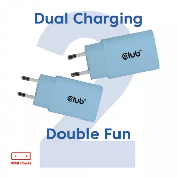 CLUB3D 2-Pack USB C Charger 30 Watt Whit, Patalpose, AC, Mėlynas