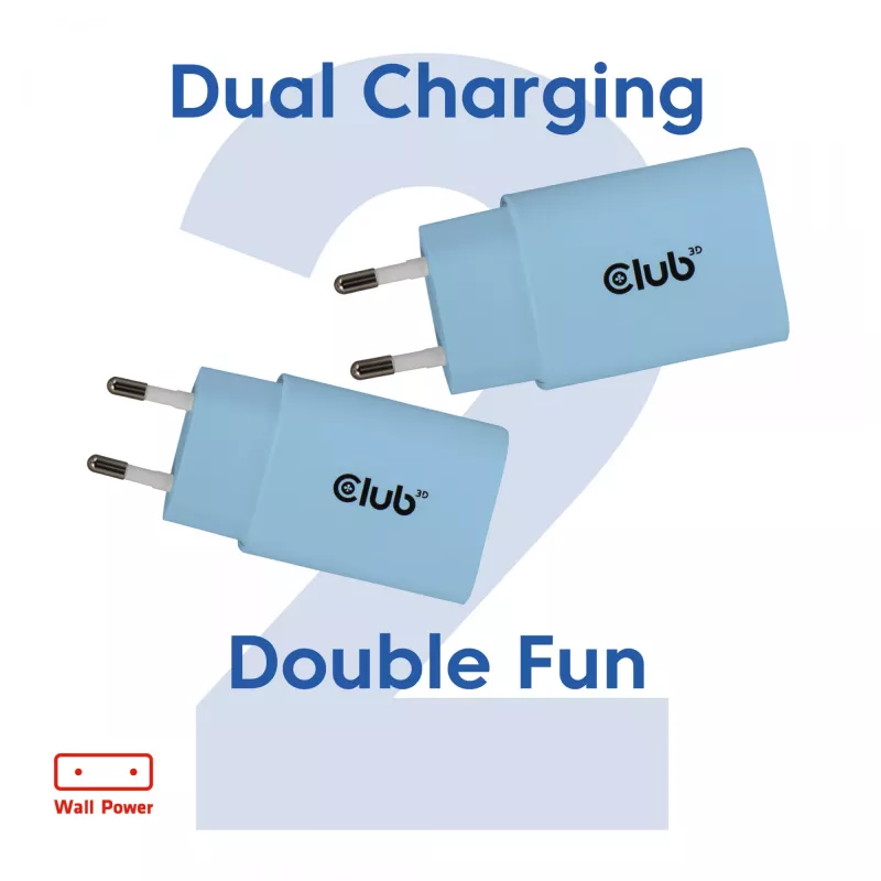 CLUB3D 2-Pack USB C Charger 30 Watt Whit, Patalpose, AC, Mėlynas