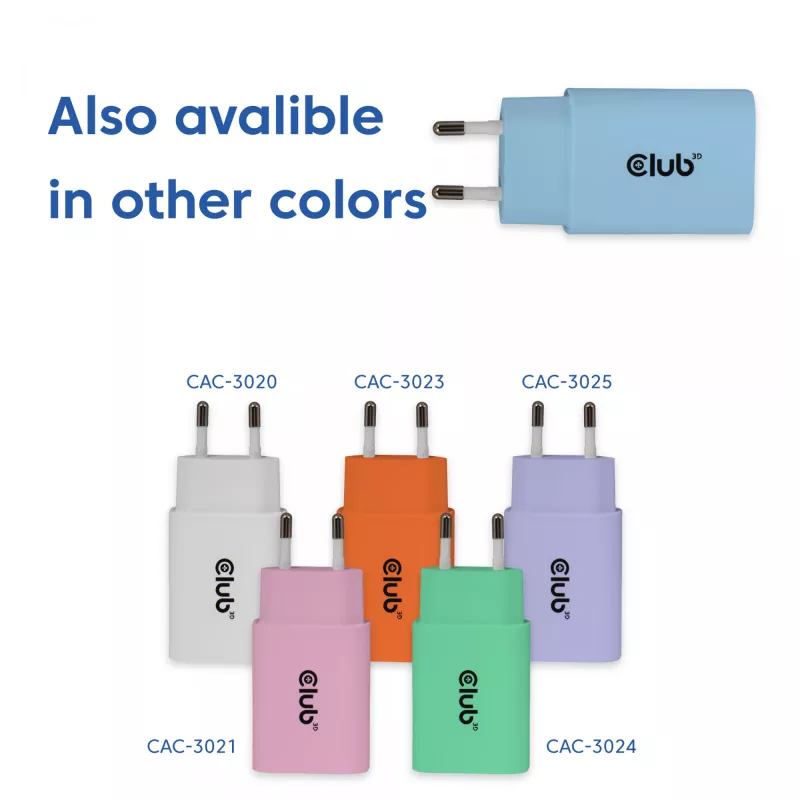 CLUB3D 2-Pack USB C Charger 30 Watt Whit, Patalpose, AC, Mėlynas