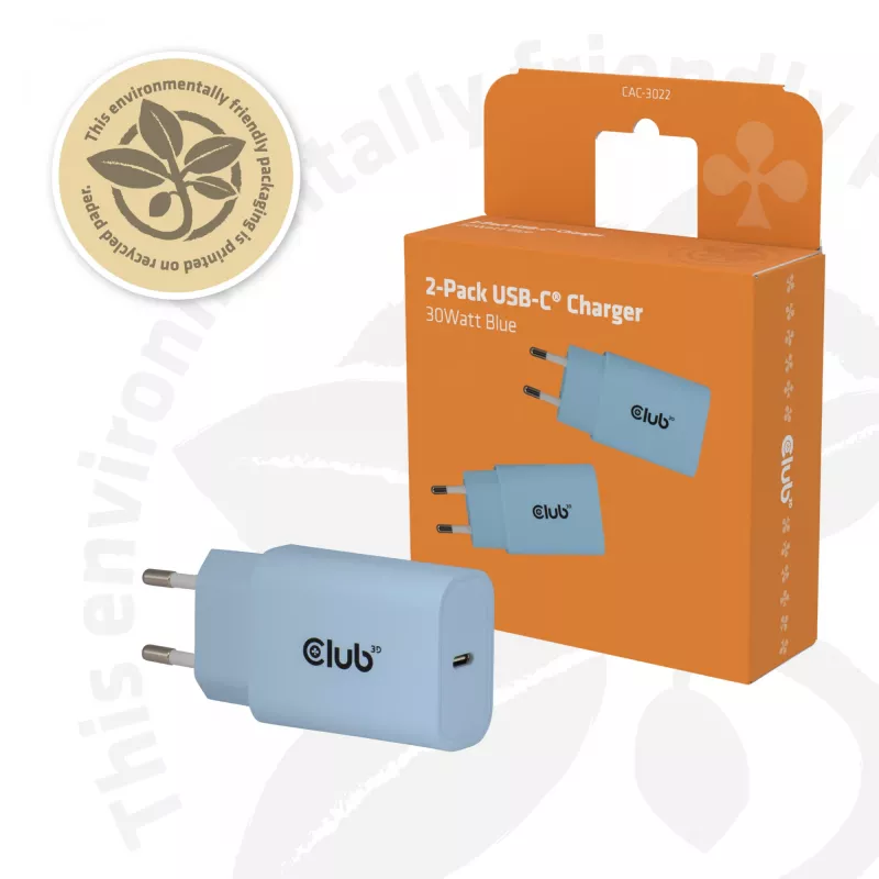 CLUB3D 2-Pack USB C Charger 30 Watt Whit, Patalpose, AC, Mėlynas