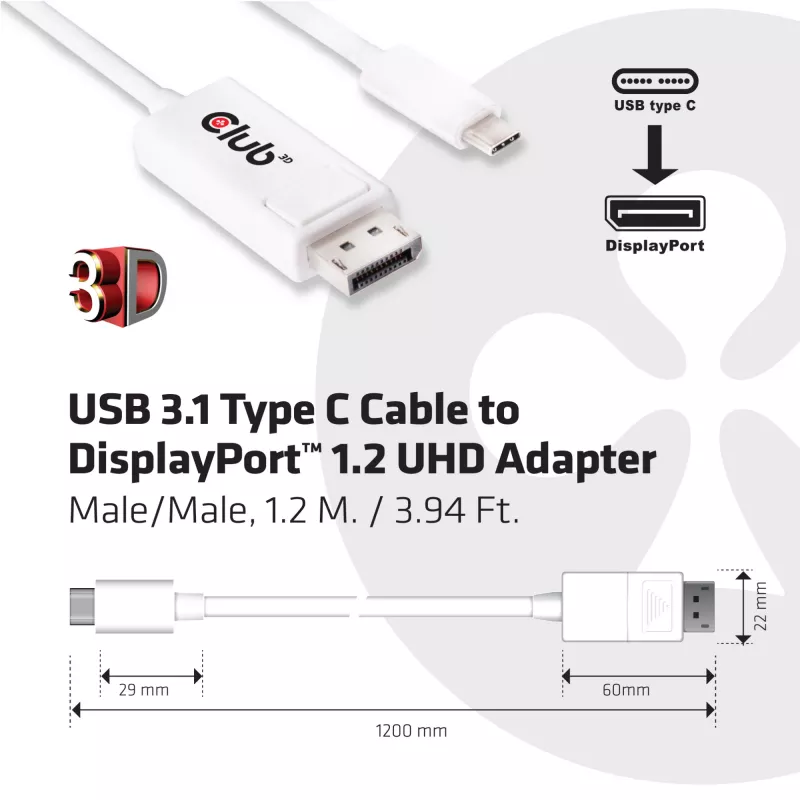 CLUB3D USB 3.1 Type C laidas prie DisplayPort 1.2 UHD adapterio