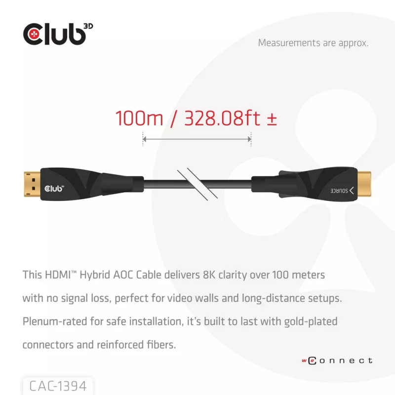 CLUB3D CAC-1394 Ultra High Speed AOC kabelis 4K120Hz/8K60Hz Unidirectional M/M 100m