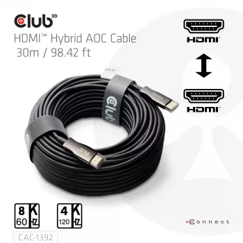 CLUB3D HDMI™ Hybrid AOC kabelis 8K60Hz/4K120Hz 30m / 98.42 ft, 30 m, HDMI Type A (Standard), HDMI Type A (Standard), 48 Gbit/s, Juoda