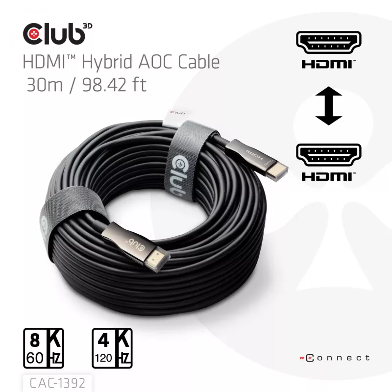 CLUB3D HDMI™ Hybrid AOC kabelis 8K60Hz/4K120Hz 30m / 98.42 ft, 30 m, HDMI Type A (Standard), HDMI Type A (Standard), 48 Gbit/s, Juoda