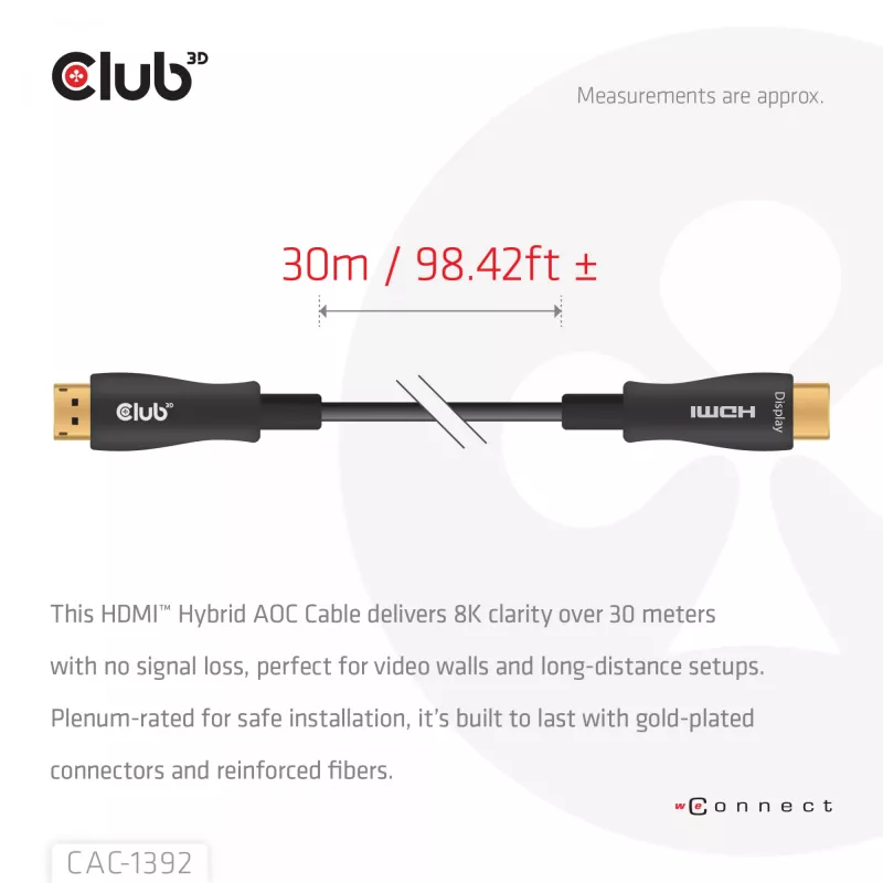CLUB3D HDMI™ Hybrid AOC kabelis 8K60Hz/4K120Hz 30m / 98.42 ft, 30 m, HDMI Type A (Standard), HDMI Type A (Standard), 48 Gbit/s, Juoda