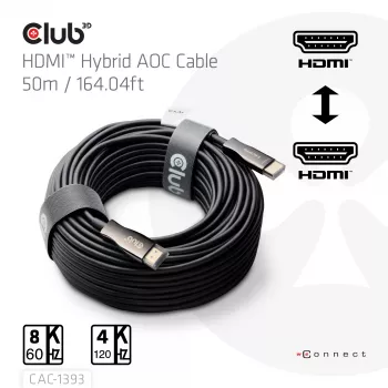 Club 3D HDMI Hybrid AOC kabelis 8K60Hz / 4K120Hz 50 m, HDMI tipo A kištukas–kištukas